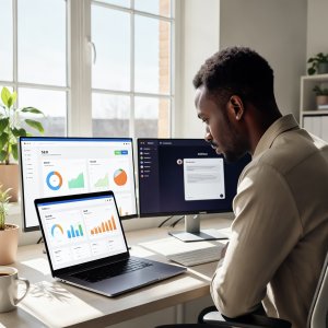 Ai generated image of a person looking at a report dashboard in an office.