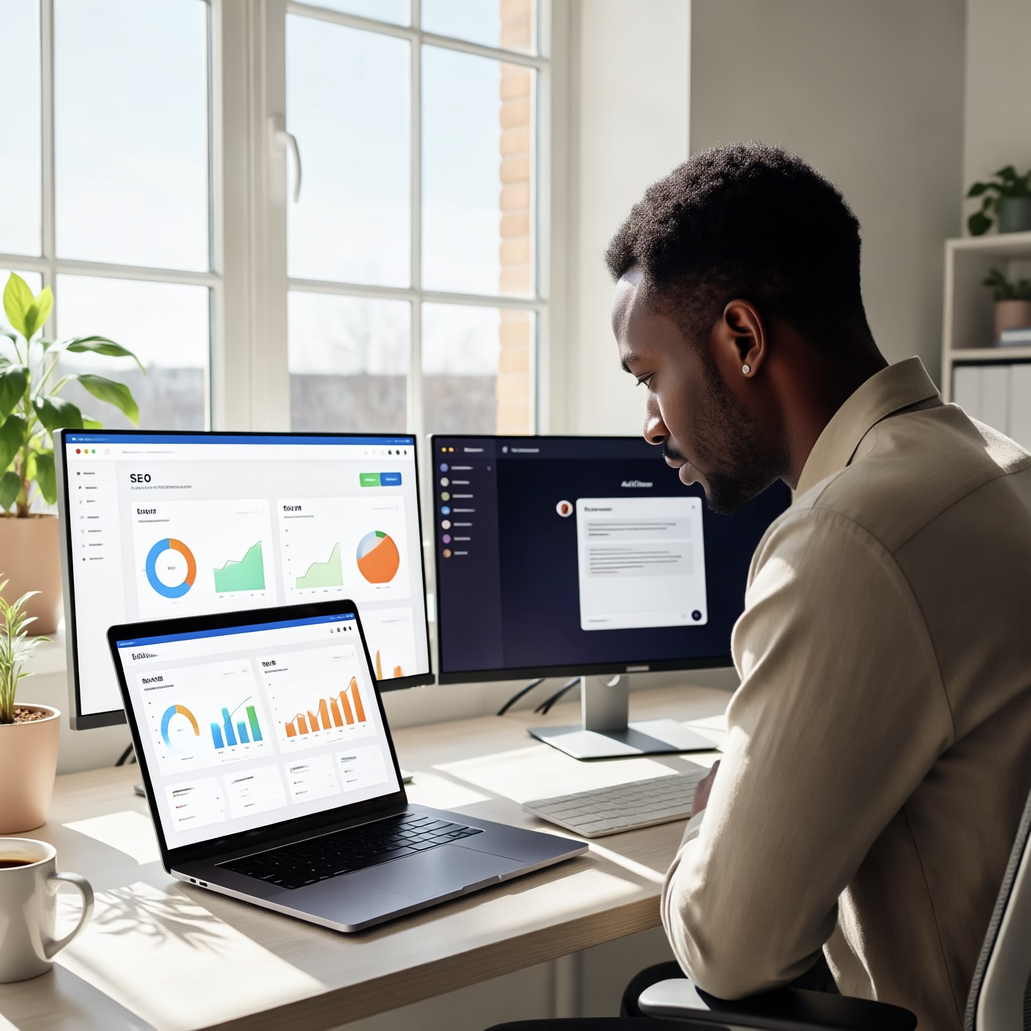 Ai generated image of a person looking at a report dashboard in an office.